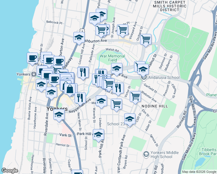 map of restaurants, bars, coffee shops, grocery stores, and more near 29 Linden Street in Yonkers