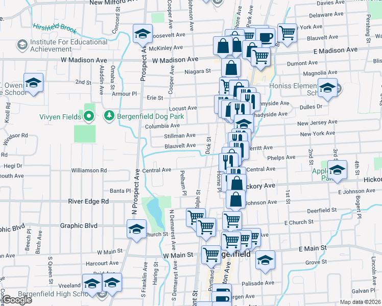 map of restaurants, bars, coffee shops, grocery stores, and more near 45 Blauvelt Avenue in Bergenfield