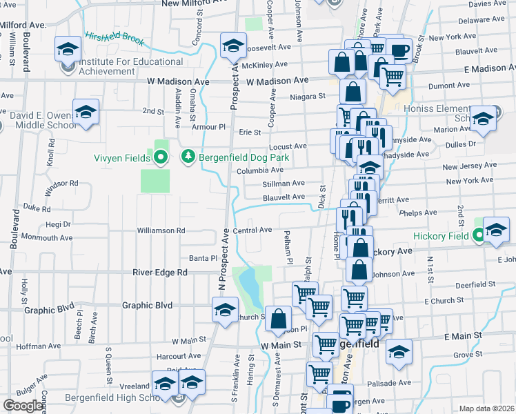 map of restaurants, bars, coffee shops, grocery stores, and more near 15 Walters Street in Bergenfield