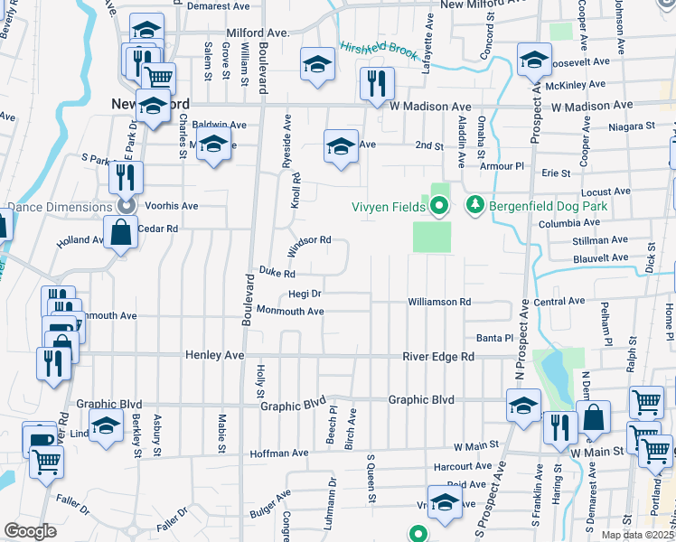 map of restaurants, bars, coffee shops, grocery stores, and more near 545 Windsor Court in New Milford