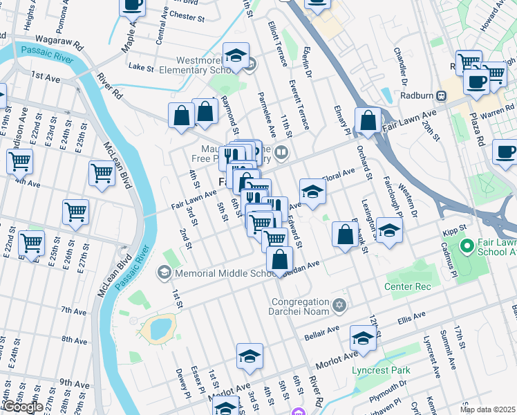 map of restaurants, bars, coffee shops, grocery stores, and more near 13-53 River Road in Fair Lawn