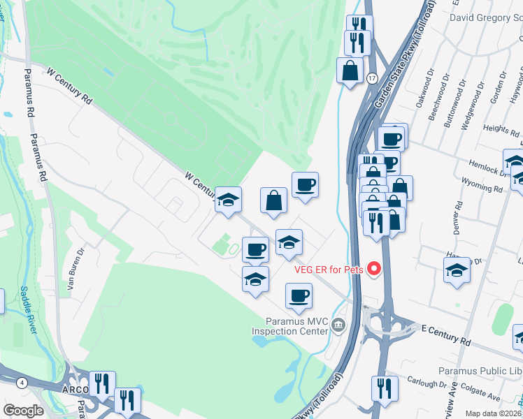 map of restaurants, bars, coffee shops, grocery stores, and more near 115 West Century Road in Paramus