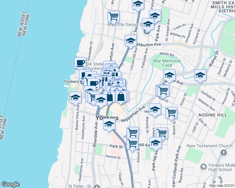 map of restaurants, bars, coffee shops, grocery stores, and more near 10 North Broadway in Yonkers