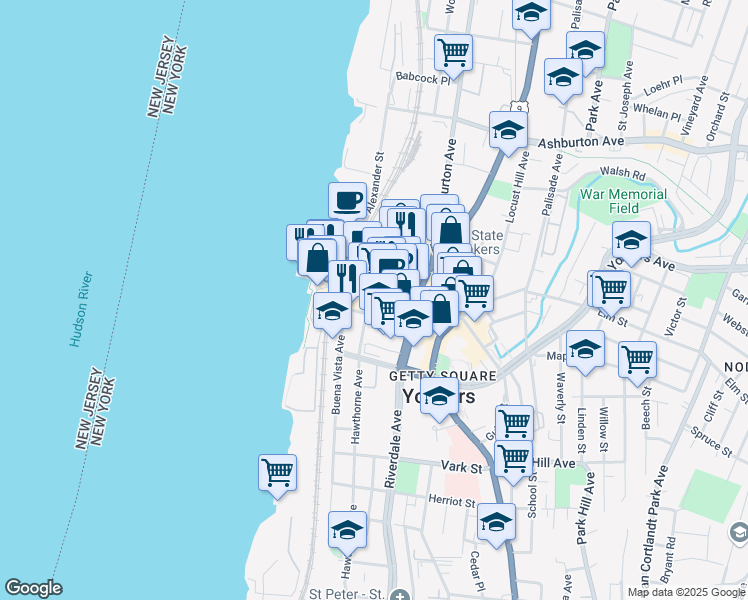 map of restaurants, bars, coffee shops, grocery stores, and more near 66 Main Street in Yonkers