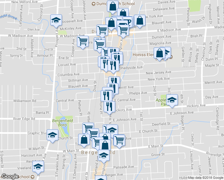 map of restaurants, bars, coffee shops, grocery stores, and more near 234 North Washington Avenue in Bergenfield