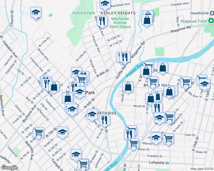 map of restaurants, bars, coffee shops, grocery stores, and more near 1 North 7th Street in Hawthorne