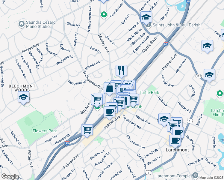 map of restaurants, bars, coffee shops, grocery stores, and more near 14 North Chatsworth Avenue in Larchmont