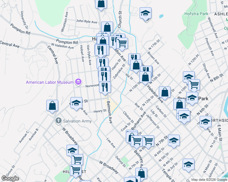 map of restaurants, bars, coffee shops, grocery stores, and more near 21 East Barbour Street in Haledon