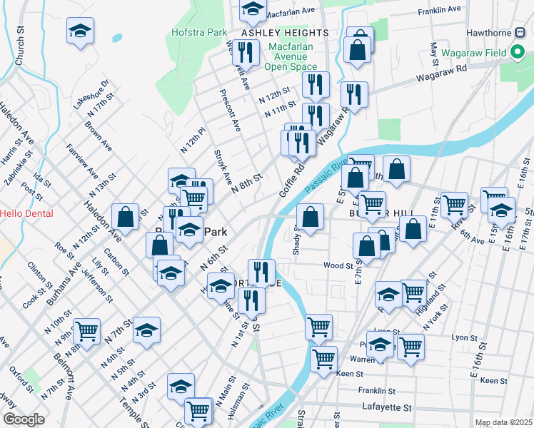 map of restaurants, bars, coffee shops, grocery stores, and more near 1 North 7th Street in Hawthorne