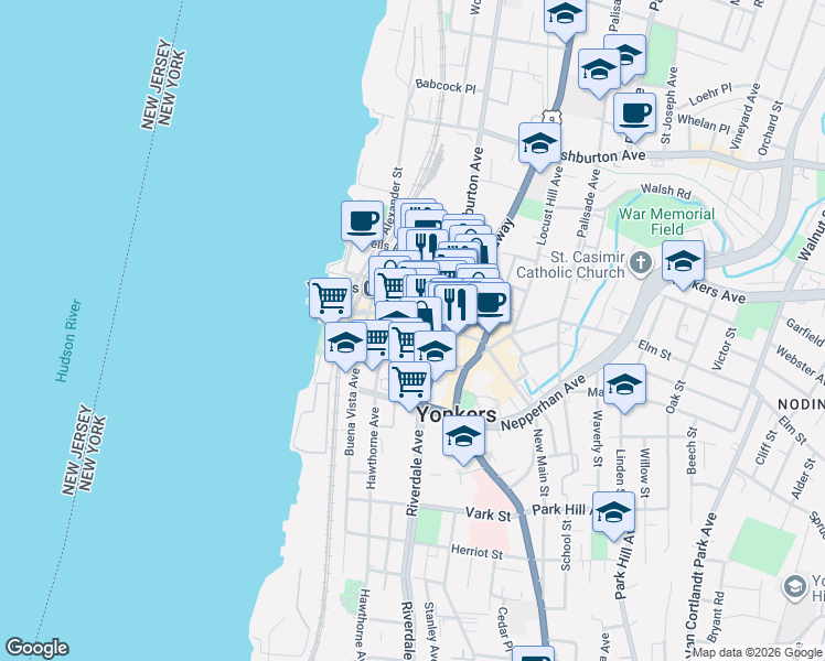 map of restaurants, bars, coffee shops, grocery stores, and more near 66 Main Street in Yonkers