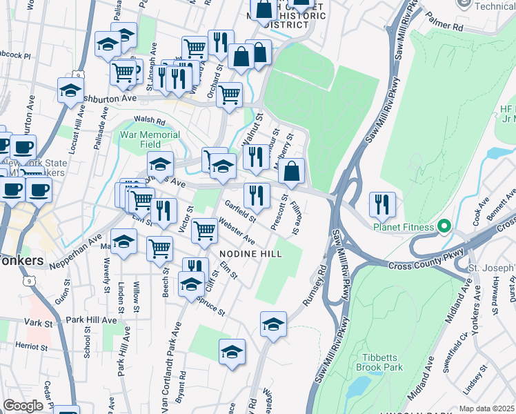 map of restaurants, bars, coffee shops, grocery stores, and more near 97 William Street in Yonkers