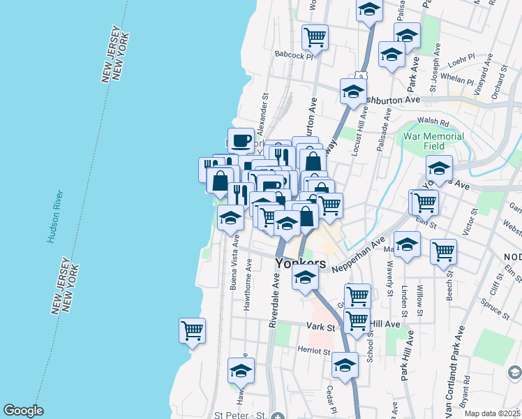 map of restaurants, bars, coffee shops, grocery stores, and more near 79-81 Main Street in Yonkers