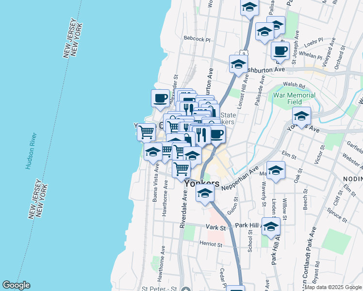 map of restaurants, bars, coffee shops, grocery stores, and more near 52 Main Street in Yonkers