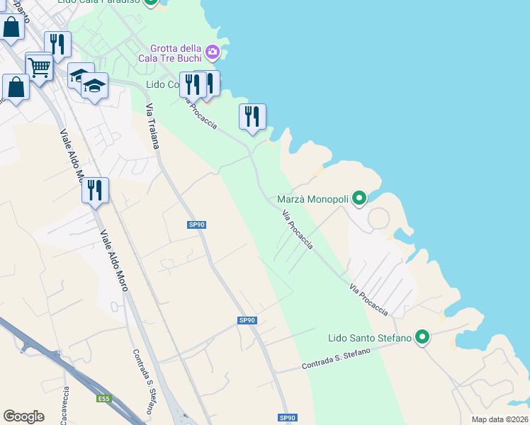 map of restaurants, bars, coffee shops, grocery stores, and more near 115 Contrada Santo Stefano in Città Metropolitana di Bari