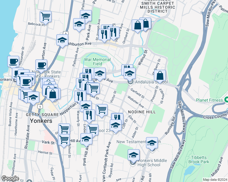 map of restaurants, bars, coffee shops, grocery stores, and more near 74 Chestnut Street in Yonkers