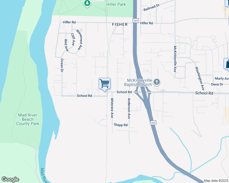 map of restaurants, bars, coffee shops, grocery stores, and more near 1645 Fischer Avenue in McKinleyville