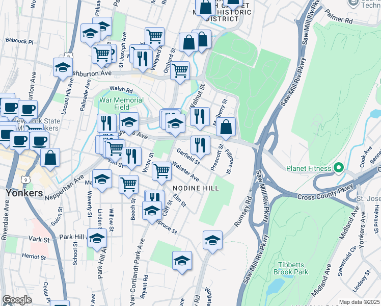 map of restaurants, bars, coffee shops, grocery stores, and more near in Yonkers