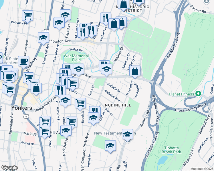 map of restaurants, bars, coffee shops, grocery stores, and more near in Yonkers