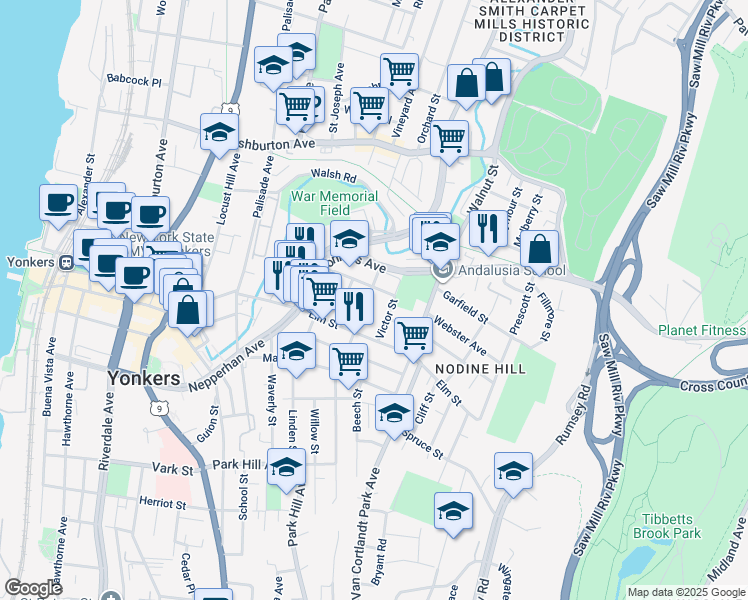 map of restaurants, bars, coffee shops, grocery stores, and more near 60 Yonkers Avenue in Yonkers