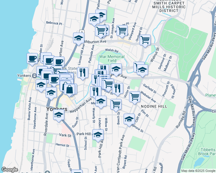 map of restaurants, bars, coffee shops, grocery stores, and more near 29 Linden Street in Yonkers