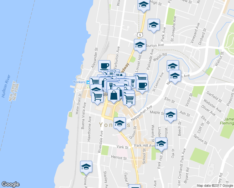 map of restaurants, bars, coffee shops, grocery stores, and more near 18 Warburton Avenue in Yonkers