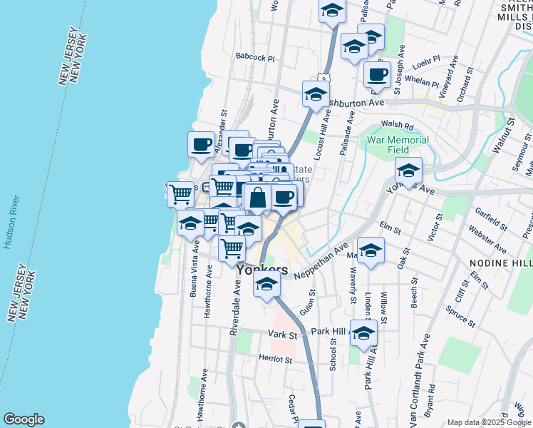 map of restaurants, bars, coffee shops, grocery stores, and more near 18 Warburton Avenue in Yonkers