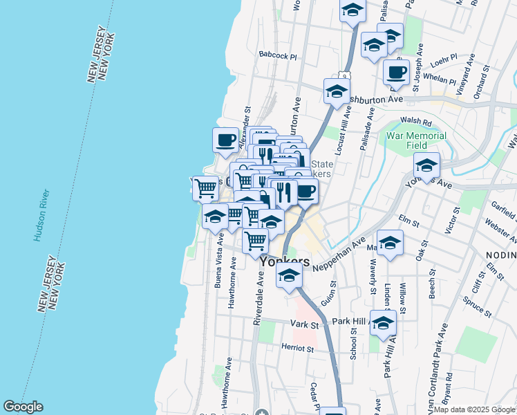 map of restaurants, bars, coffee shops, grocery stores, and more near 66 Main Street in Yonkers