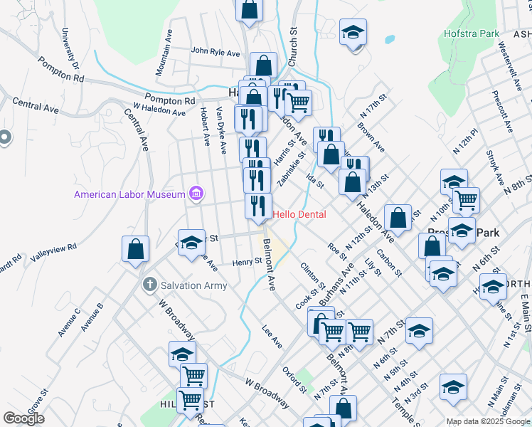 map of restaurants, bars, coffee shops, grocery stores, and more near 12 Zabriskie Street in Haledon