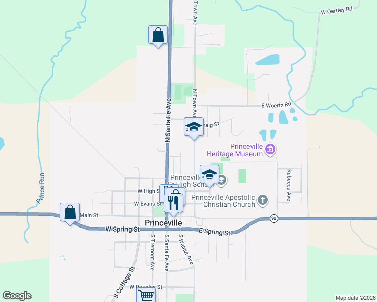 map of restaurants, bars, coffee shops, grocery stores, and more near 609 North Town Avenue in Princeville