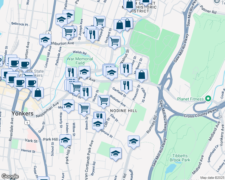 map of restaurants, bars, coffee shops, grocery stores, and more near in Yonkers