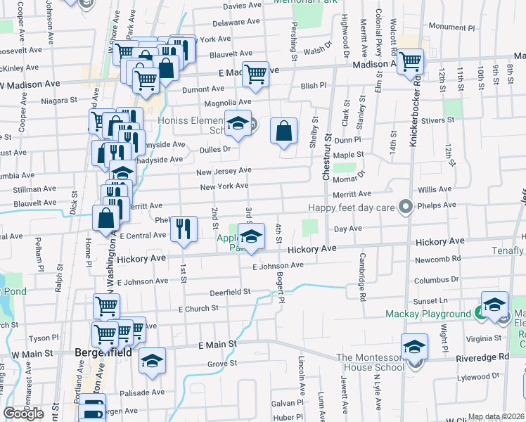 map of restaurants, bars, coffee shops, grocery stores, and more near 165 Phelps Avenue in Bergenfield