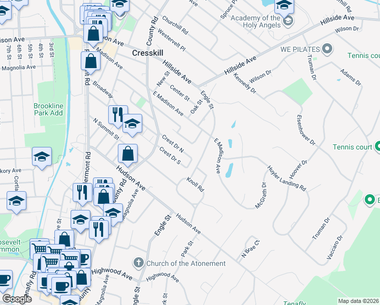map of restaurants, bars, coffee shops, grocery stores, and more near 150 Palisade Avenue in Cresskill