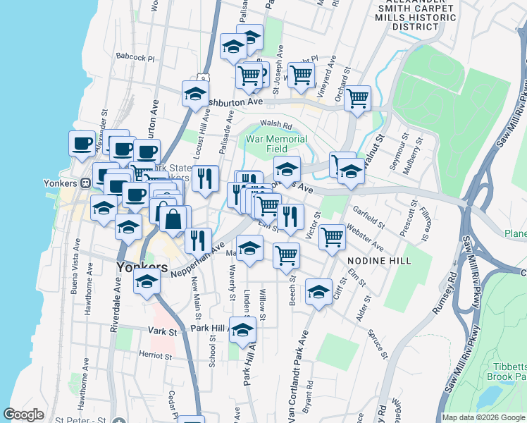 map of restaurants, bars, coffee shops, grocery stores, and more near 29 Linden Street in Yonkers