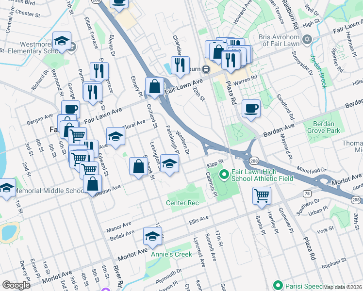 map of restaurants, bars, coffee shops, grocery stores, and more near 12-46 Western Drive in Fair Lawn