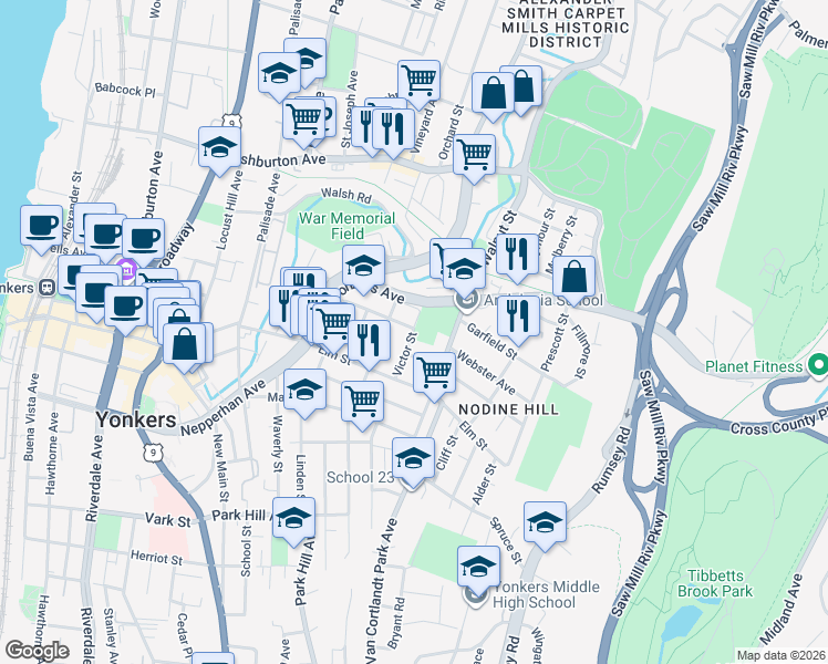 map of restaurants, bars, coffee shops, grocery stores, and more near 60 Yonkers Avenue in Yonkers