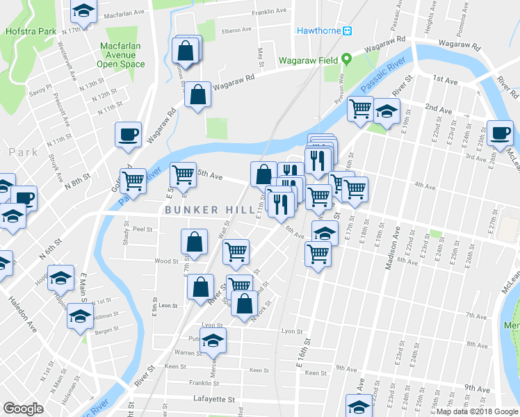 map of restaurants, bars, coffee shops, grocery stores, and more near 44 East 11th Street in Paterson