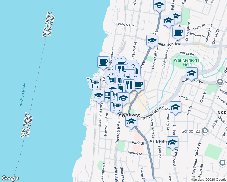 map of restaurants, bars, coffee shops, grocery stores, and more near 64 Main Street in Yonkers
