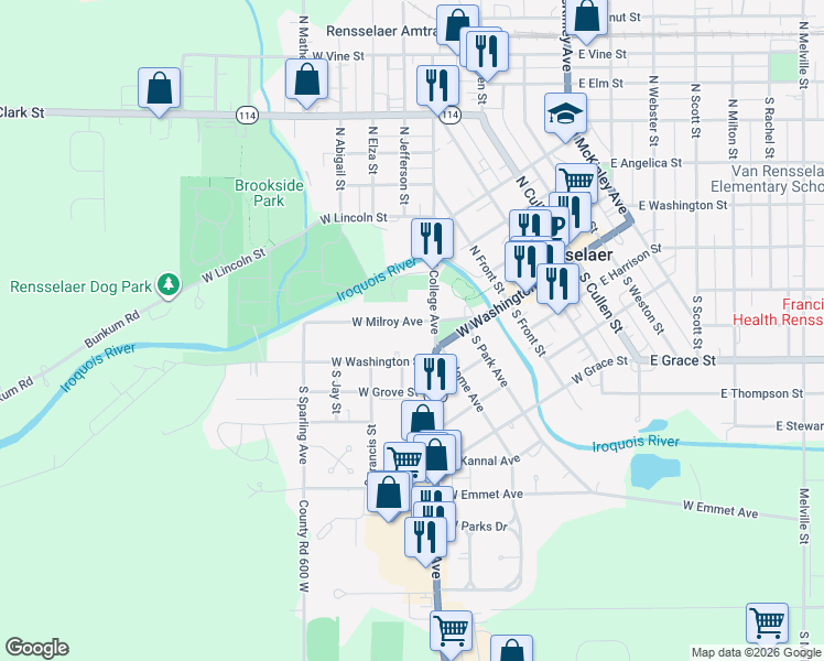 map of restaurants, bars, coffee shops, grocery stores, and more near 506-998 W Milroy Ave in Rensselaer