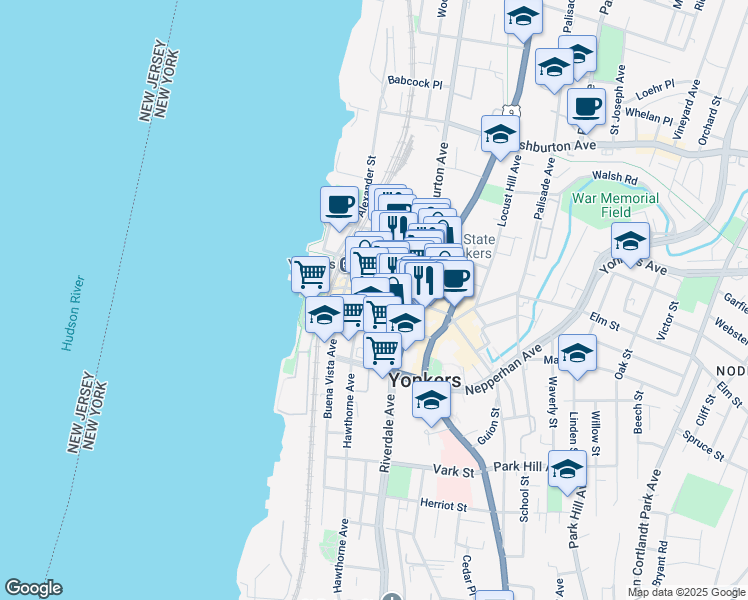 map of restaurants, bars, coffee shops, grocery stores, and more near 66 Main Street in Yonkers