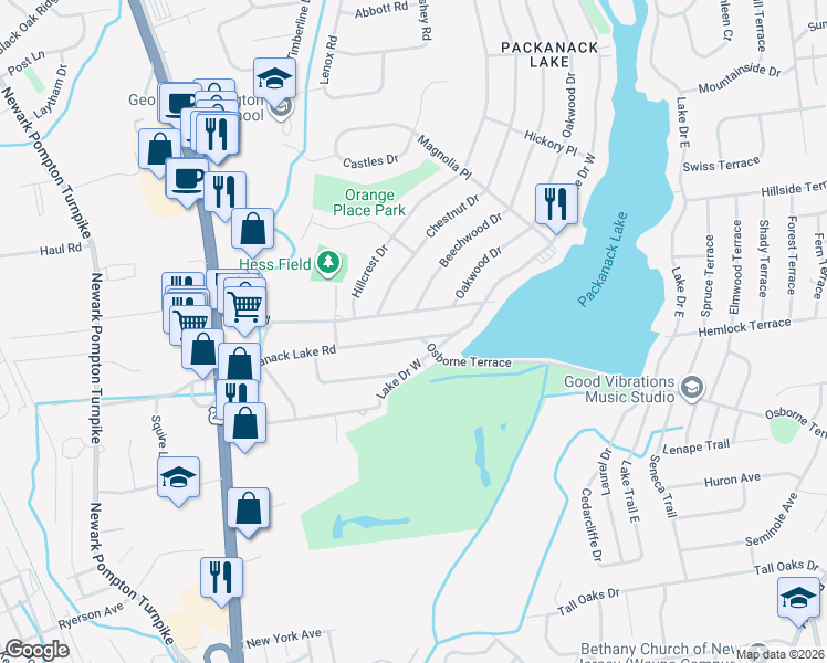 map of restaurants, bars, coffee shops, grocery stores, and more near 13 Packanack Lake Road in Wayne