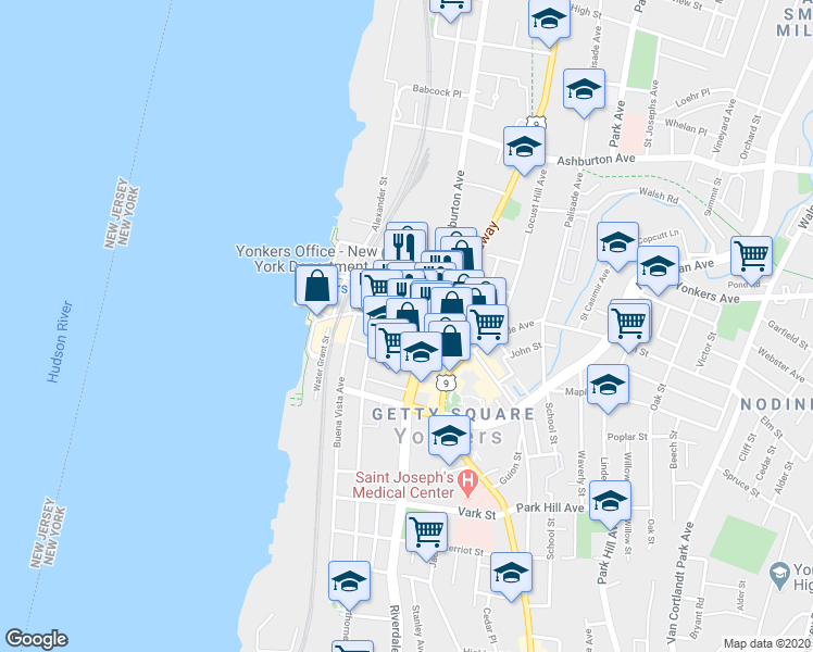 map of restaurants, bars, coffee shops, grocery stores, and more near 40-42 Main Street in Yonkers