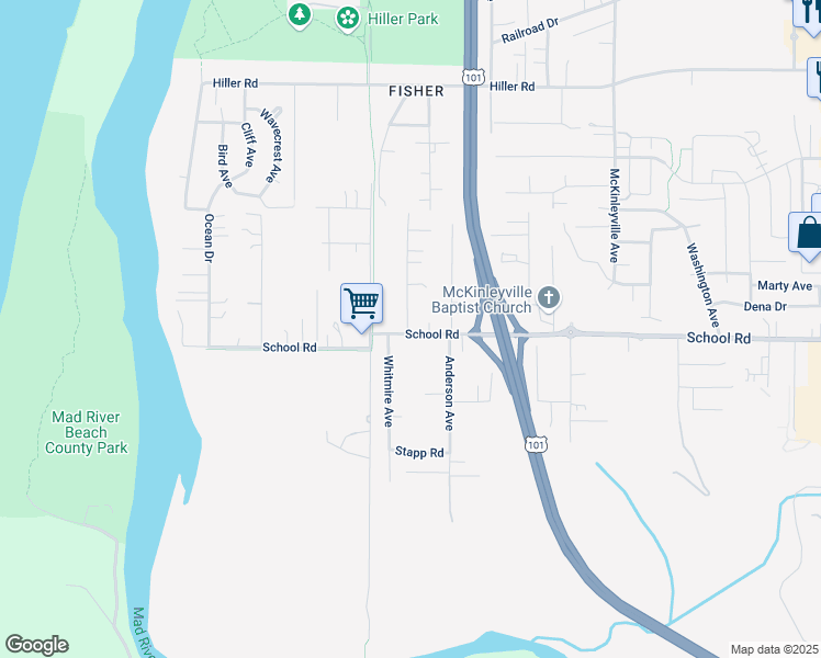 map of restaurants, bars, coffee shops, grocery stores, and more near 1645 Fischer Avenue in McKinleyville