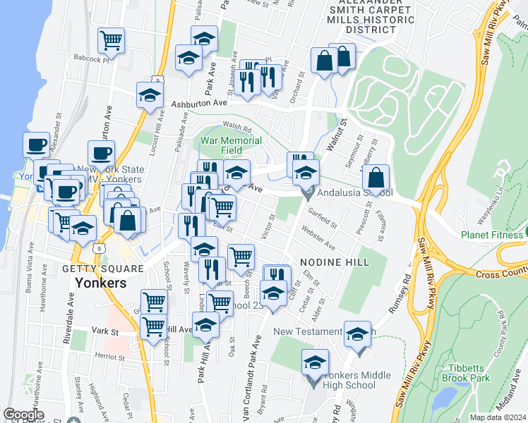 map of restaurants, bars, coffee shops, grocery stores, and more near 60 Yonkers Avenue in Yonkers