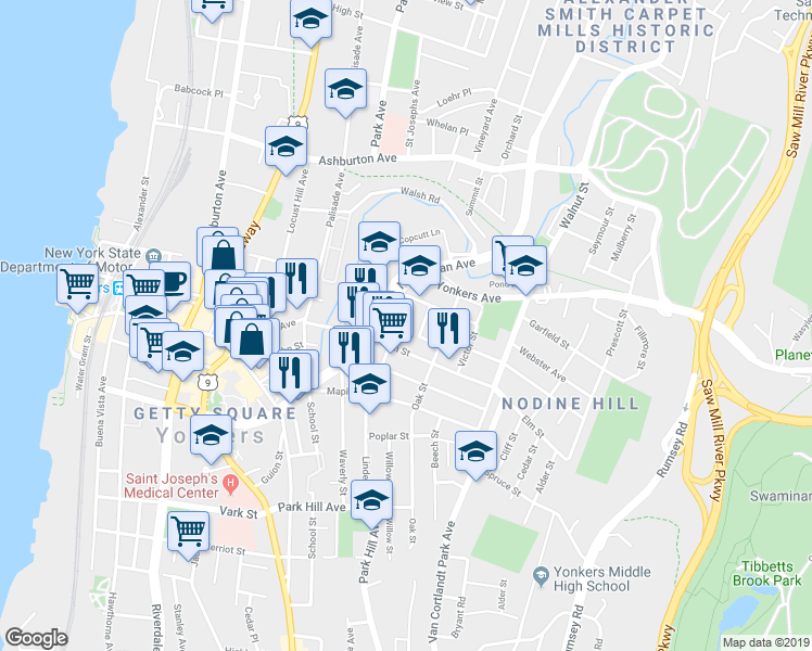 map of restaurants, bars, coffee shops, grocery stores, and more near 29 Linden Street in Yonkers