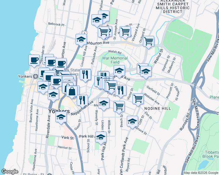 map of restaurants, bars, coffee shops, grocery stores, and more near 29 Linden Street in Yonkers