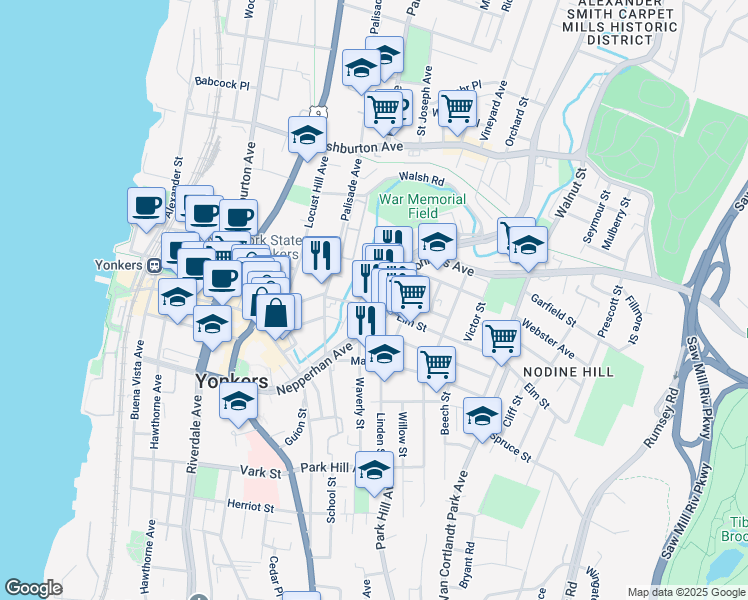 map of restaurants, bars, coffee shops, grocery stores, and more near 8 Saint Casimir Avenue in Yonkers