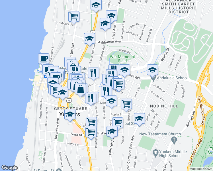 map of restaurants, bars, coffee shops, grocery stores, and more near 8 Saint Casimir Avenue in Yonkers