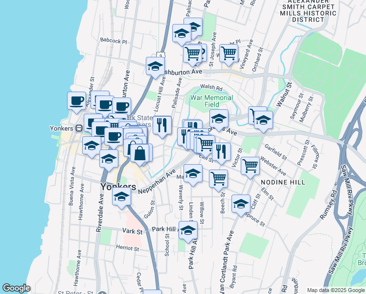 map of restaurants, bars, coffee shops, grocery stores, and more near 8 Saint Casimir Avenue in Yonkers