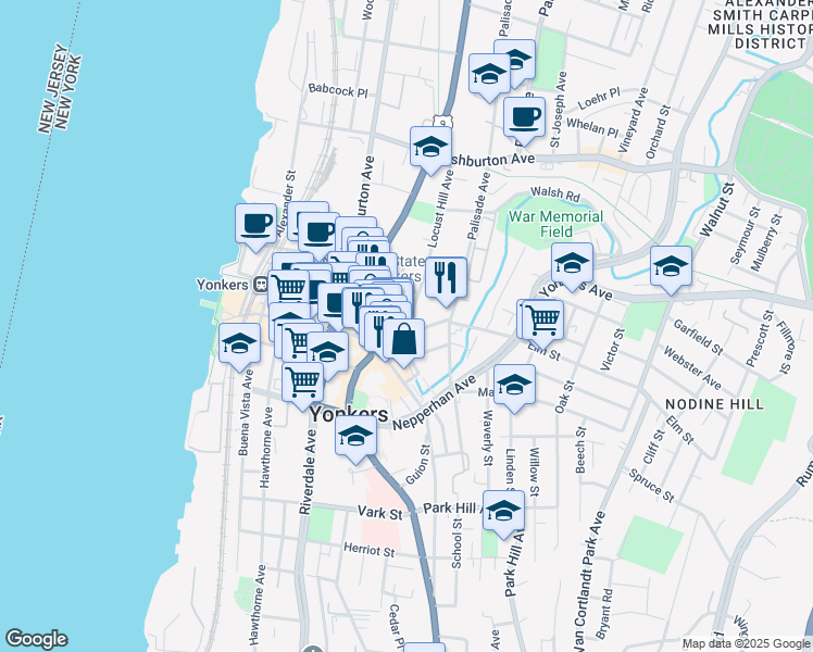 map of restaurants, bars, coffee shops, grocery stores, and more near 12 Locust Hill Avenue in Yonkers