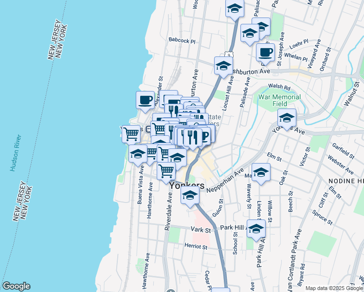 map of restaurants, bars, coffee shops, grocery stores, and more near 18 Warburton Avenue in Yonkers